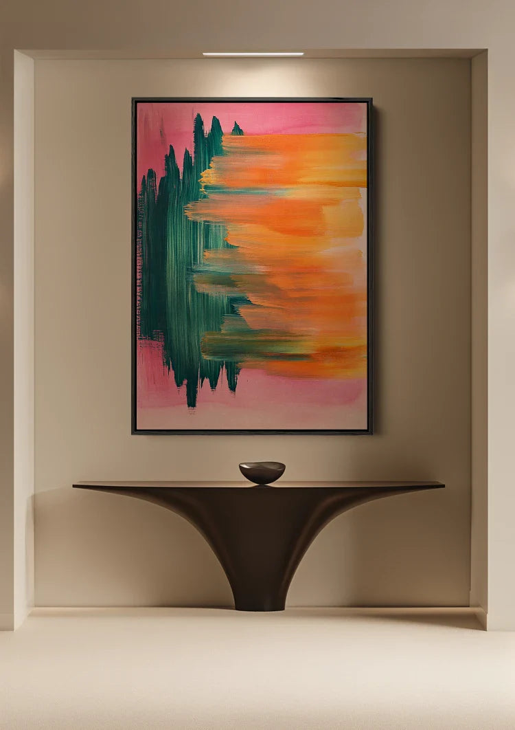 Abstrakt Vertikale Pinselstriche Blaugrün Orange Rosa Expressives Modernes Gemälde