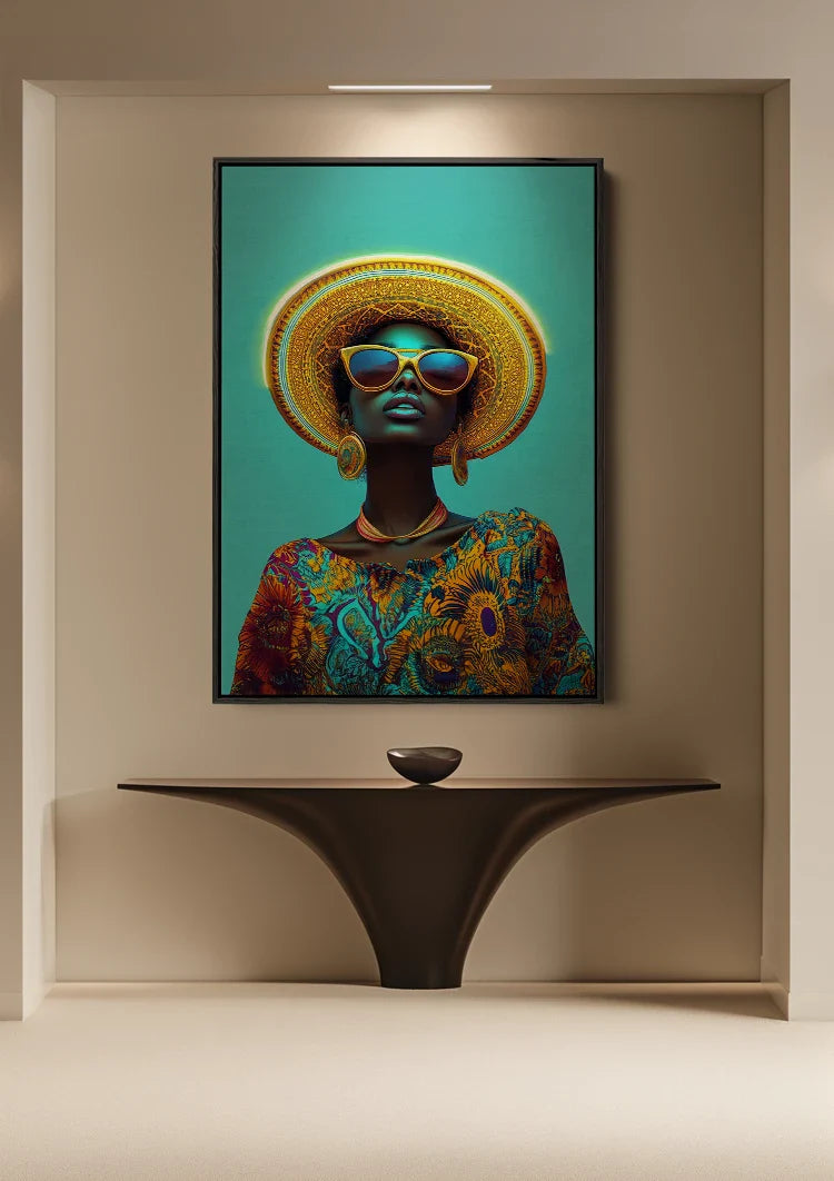 Stylish Woman Gold Hat Sunglasses Turquoise Background Colorful Painting
