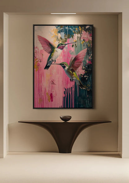Twee Kolibries Roze Bloemen Abstract Verfdrip Natuur Schilderij