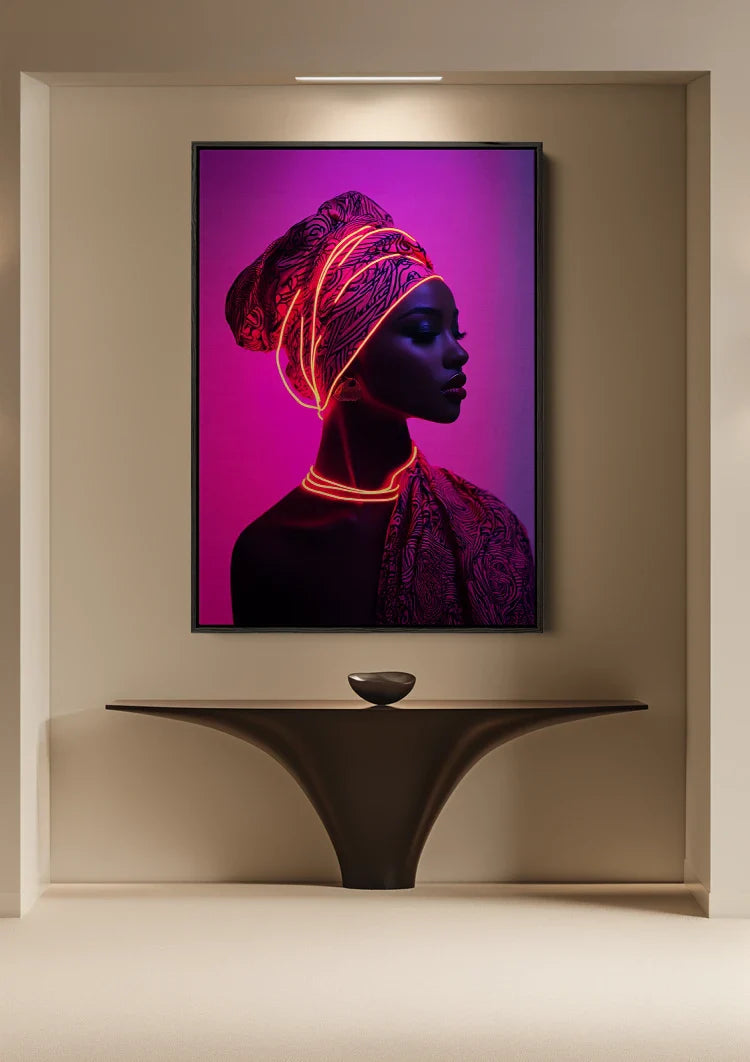 African Woman Turban Neon Pink Background Stylish Portrait Painting