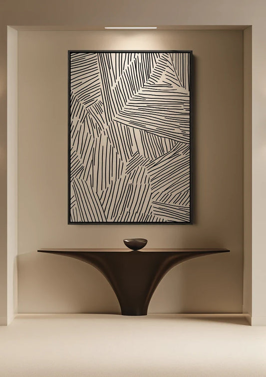 Abstract lijnenspel canvas schilderij aan de muur boven het bed in de slaapkamer