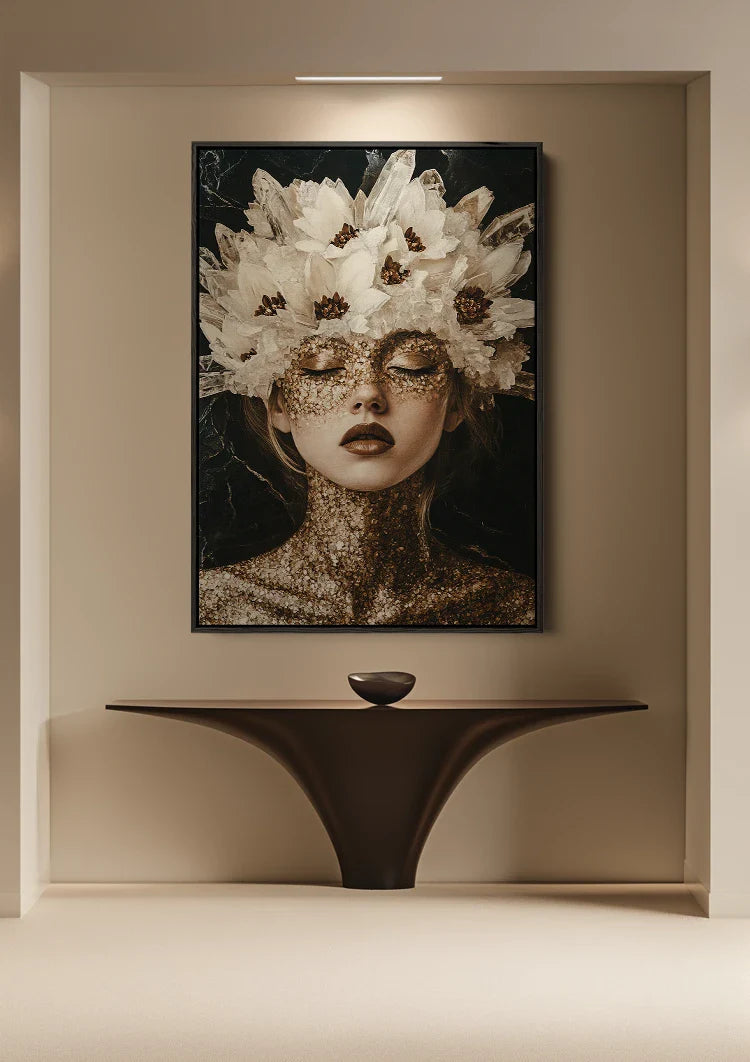 Kristallkönigin Goldmaske Weiße Blumen Porträtmalerei