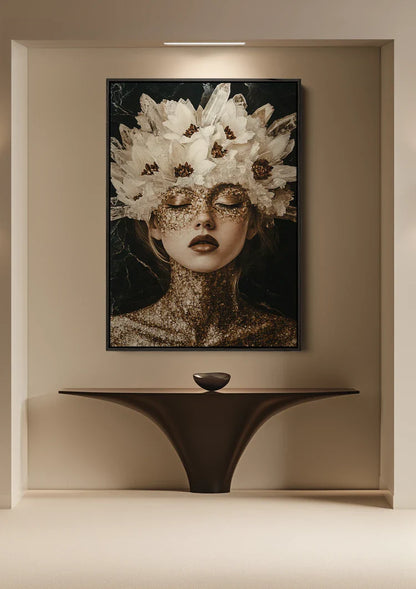 Kristallkönigin Goldmaske Weiße Blumen Porträtmalerei