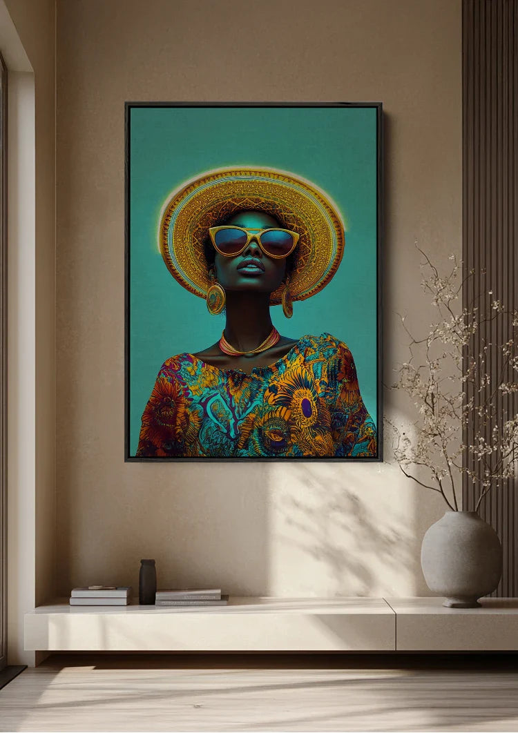 Stylish Woman Gold Hat Sunglasses Turquoise Background Colorful Painting