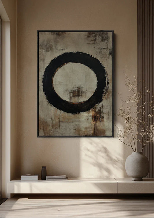 Zwarte cirkel canvas schilderij aan de muur in de hal