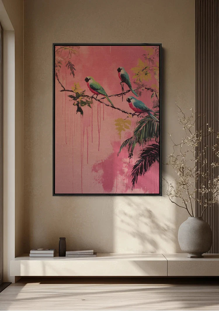Tropische Papageien Rosa Hintergrund Farbtropfen Natur Malerei