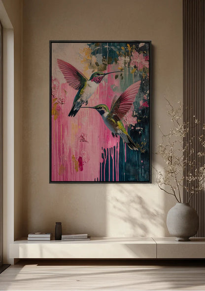 Twee Kolibries Roze Bloemen Abstract Verfdrip Natuur Schilderij