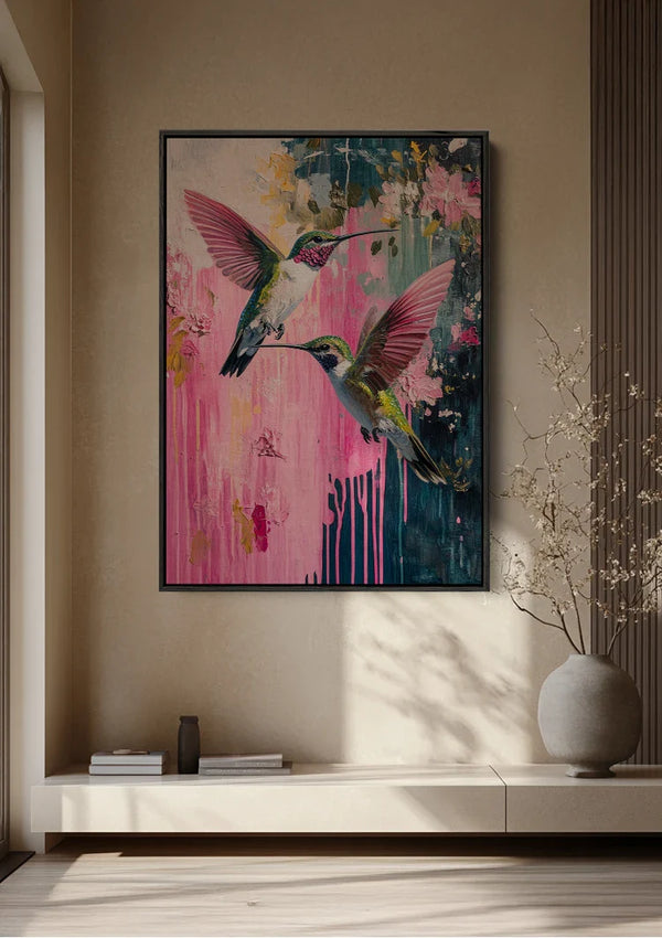 Twee Kolibries Roze Bloemen Abstract Verfdrip Natuur Schilderij