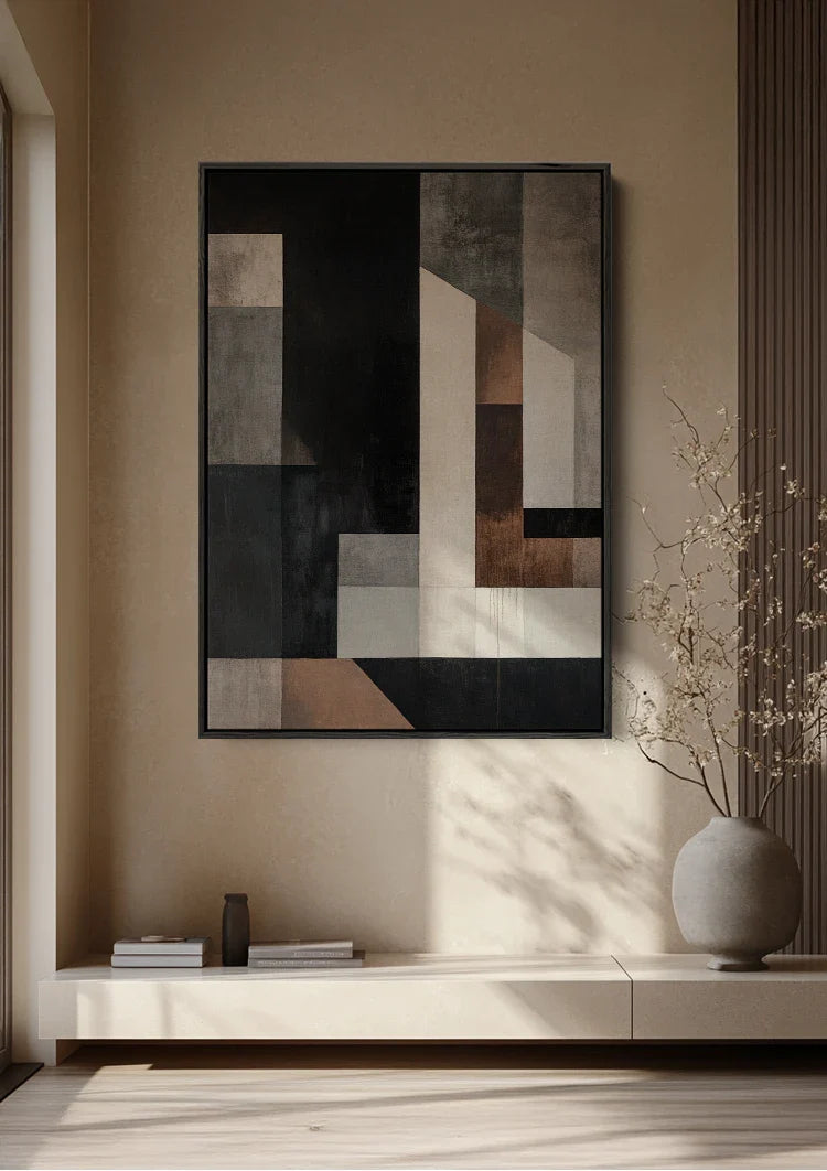 Abstrakte Geometrie Neutrale Töne Modernes Rechteckiges Gemälde