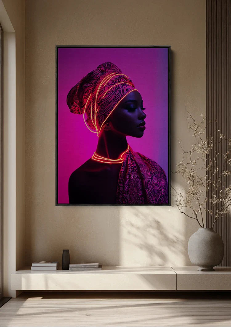 African Woman Turban Neon Pink Background Stylish Portrait Painting