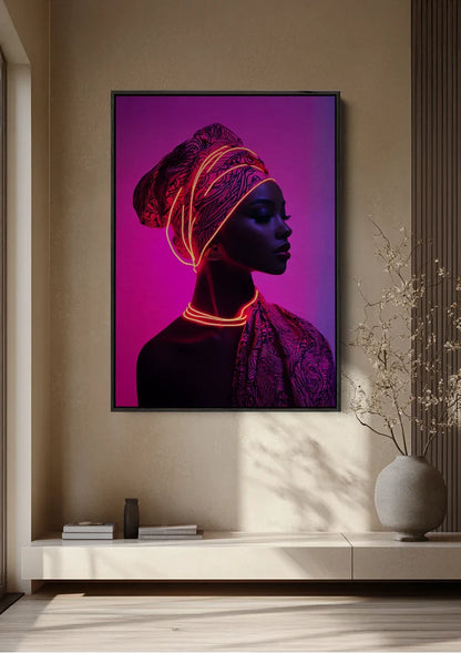 African Woman Turban Neon Pink Background Stylish Portrait Painting