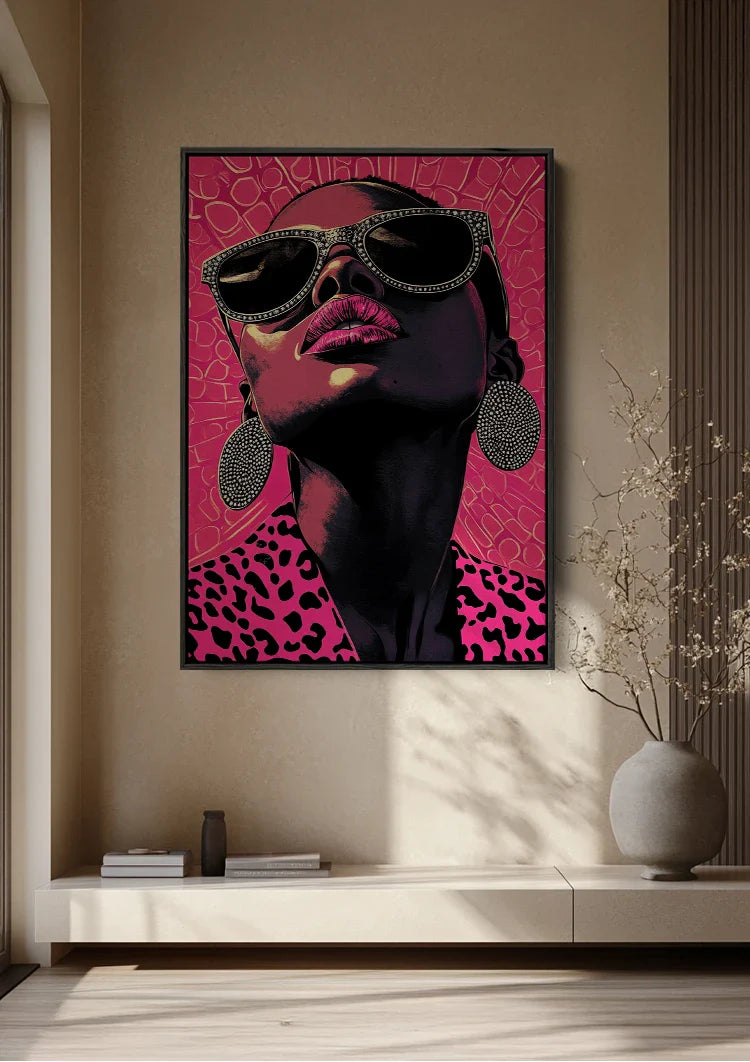 Glamoureuze Vrouw Zonnebril Roze Luipaardprint Pop Art Schilderij