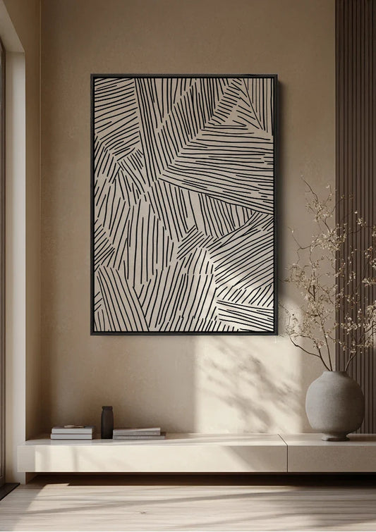Abstract lijnenspel canvas schilderij aan de muur in de hal