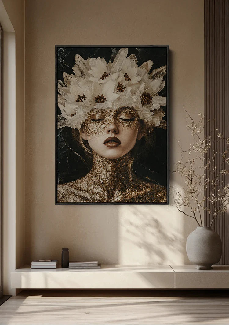 Kristallkönigin Goldmaske Weiße Blumen Porträtmalerei