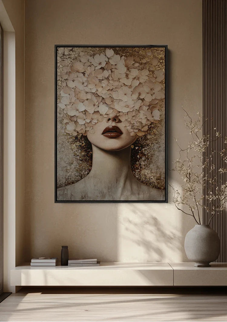 Woman with White Flowers Golden Accents Elegant Portrait Painting