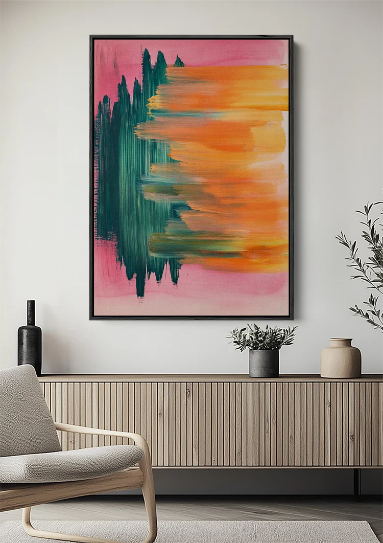 Abstrakt Vertikale Pinselstriche Blaugrün Orange Rosa Expressives Modernes Gemälde