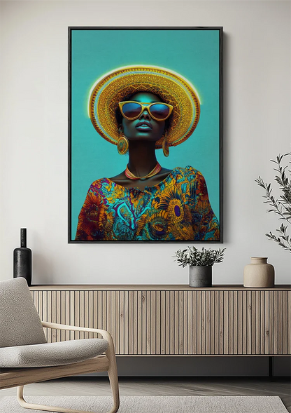Stylish Woman Gold Hat Sunglasses Turquoise Background Colorful Painting