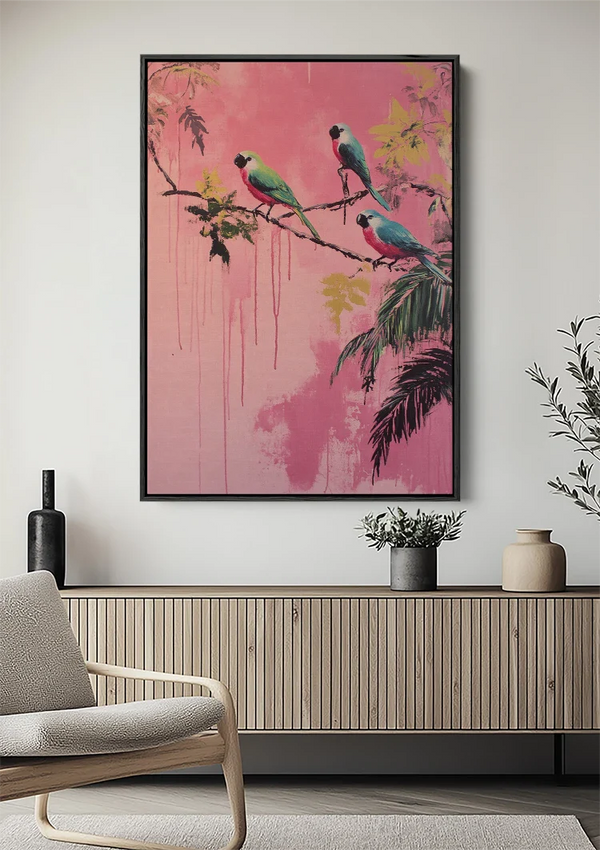 Tropische Papageien Rosa Hintergrund Farbtropfen Natur Malerei