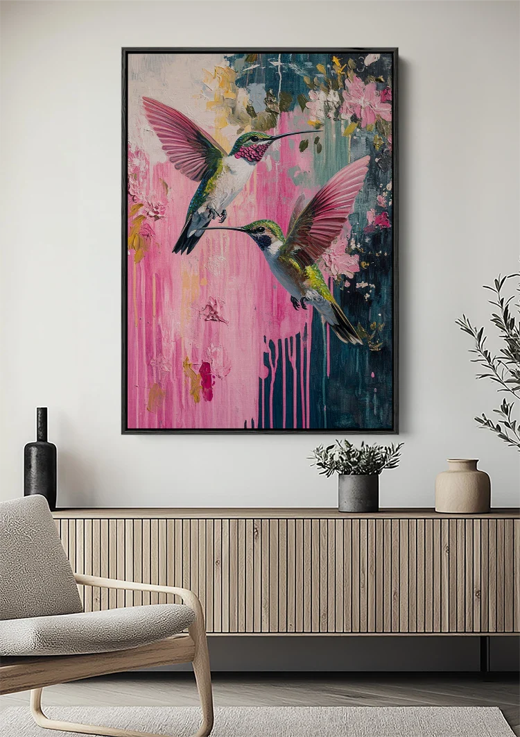 Twee Kolibries Roze Bloemen Abstract Verfdrip Natuur Schilderij