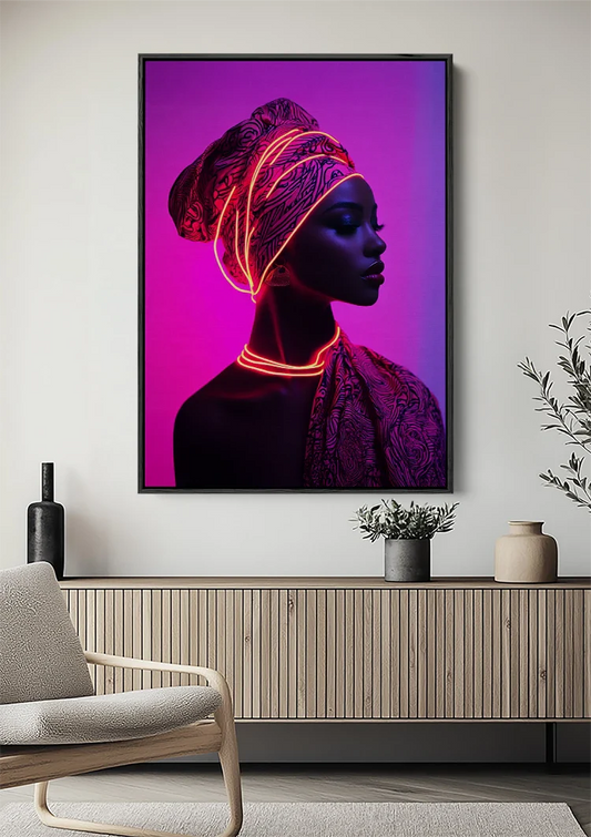Vrouw met tulband canvas schilderij aan de muur boven het bed in de slaapkamer