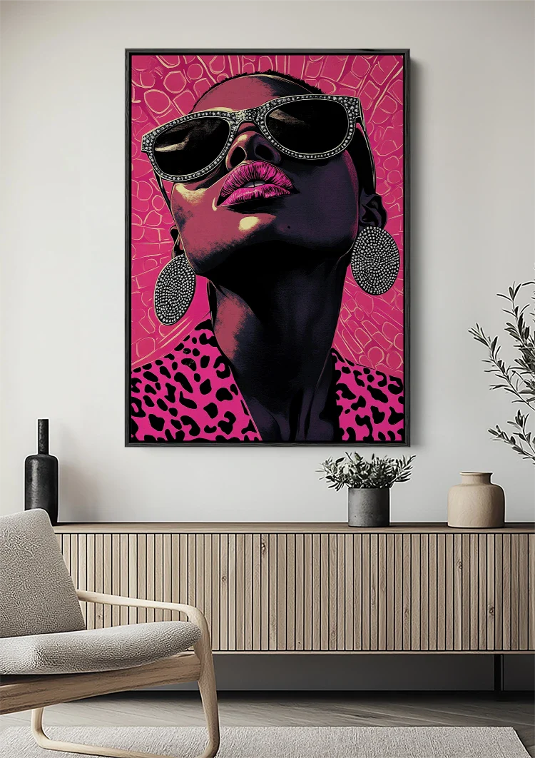 Glamoureuze Vrouw Zonnebril Roze Luipaardprint Pop Art Schilderij