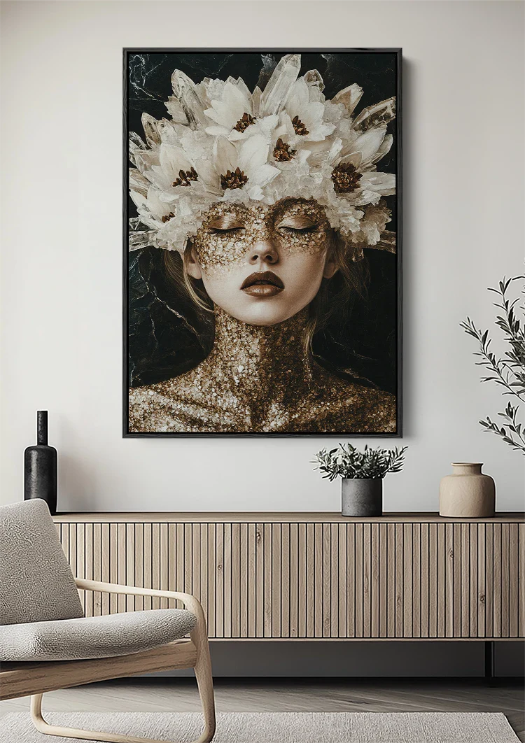 Kristallkönigin Goldmaske Weiße Blumen Porträtmalerei