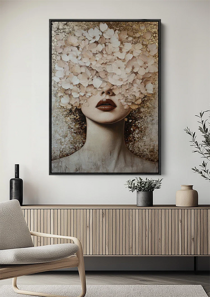 Woman with White Flowers Golden Accents Elegant Portrait Painting
