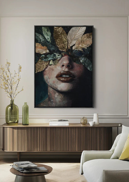Frau mit goldenen Blättern Leinwandbild an der Wand im Flur
