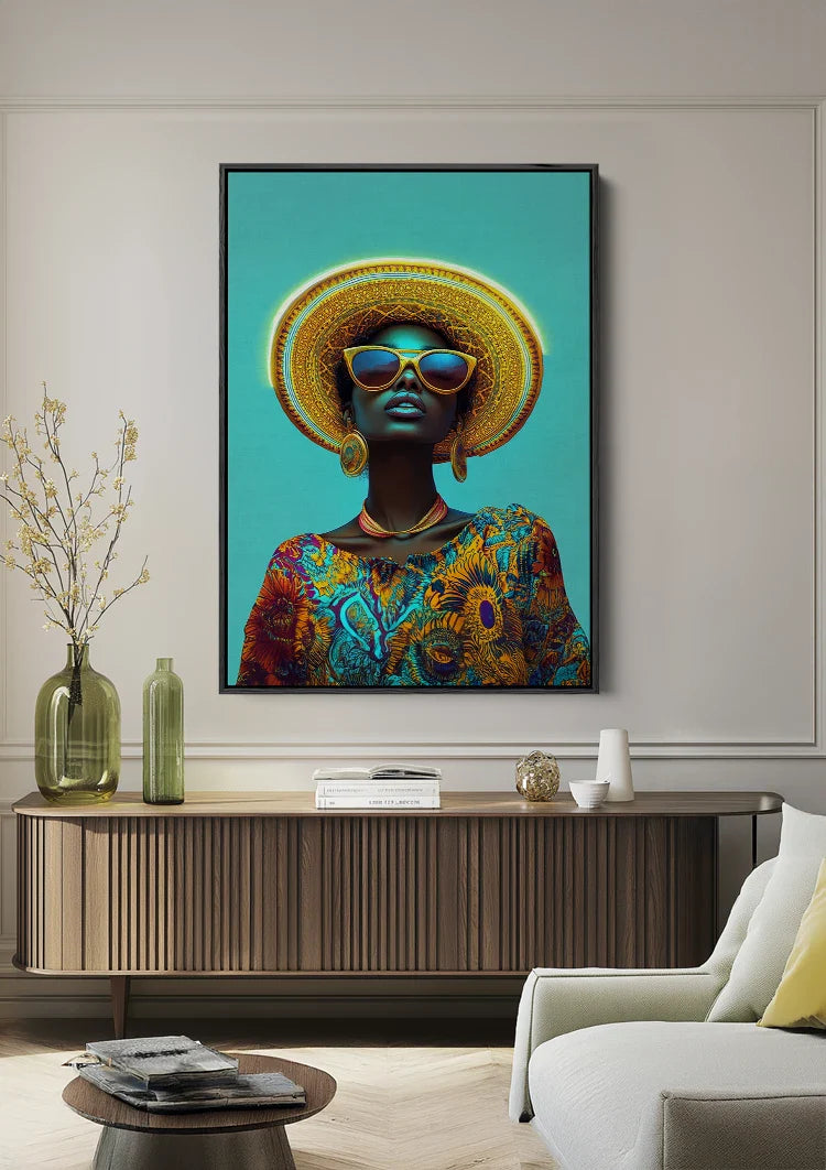 Stylish Woman Gold Hat Sunglasses Turquoise Background Colorful Painting