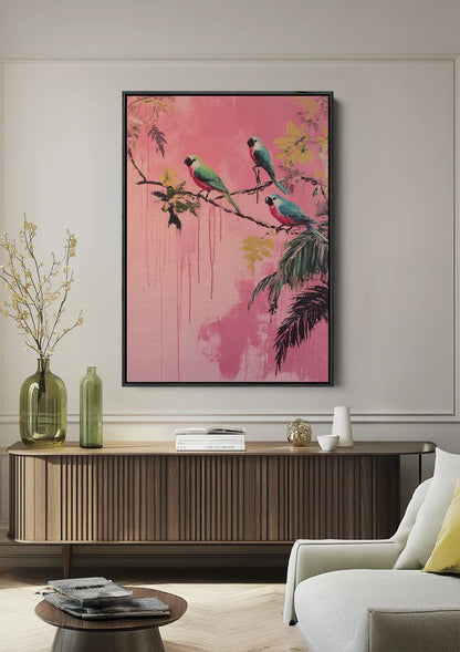 Three Tropical Parrots Branch Vivid Pink Paint Drips Modern Painting