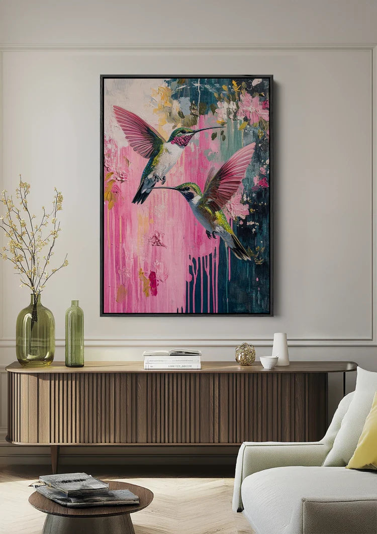 Twee Kolibries Roze Bloemen Abstract Verfdrip Natuur Schilderij
