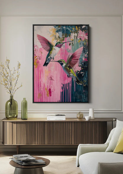 Twee Kolibries Roze Bloemen Abstract Verfdrip Natuur Schilderij