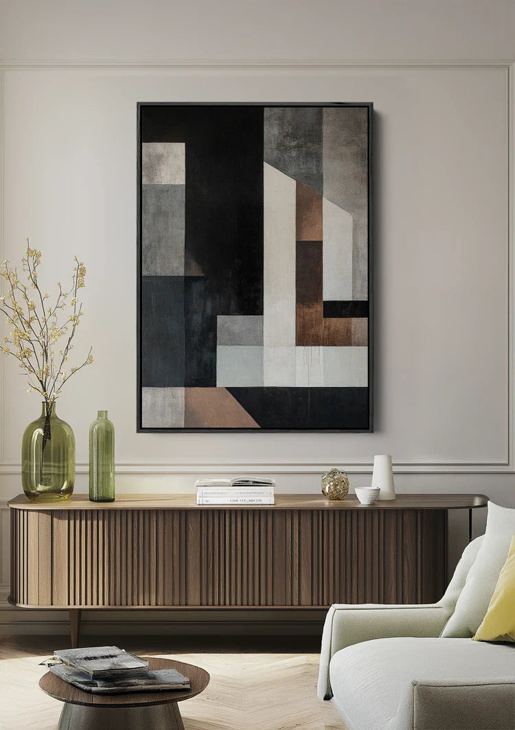 Abstrakte Geometrie Neutrale Töne Modernes Rechteckiges Gemälde