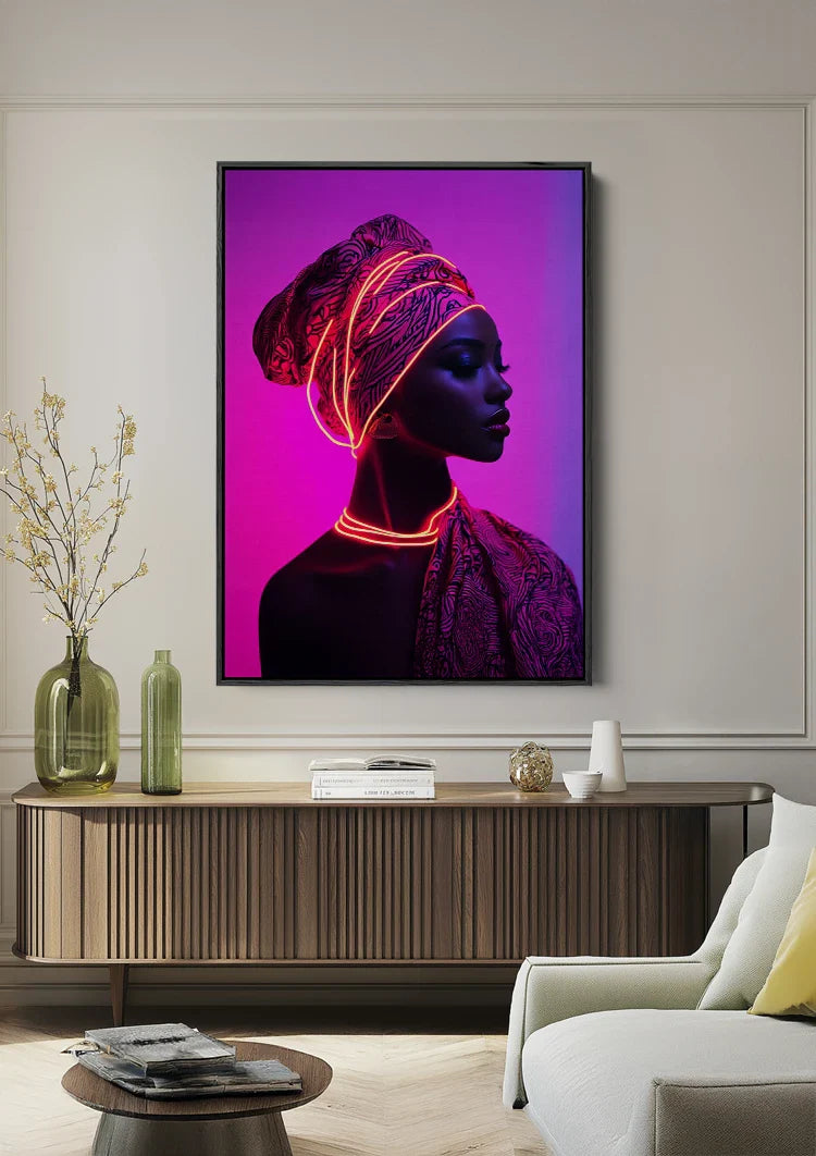 African Woman Turban Neon Pink Background Stylish Portrait Painting