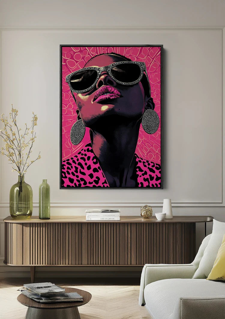 Glamoureuze Vrouw Zonnebril Roze Luipaardprint Pop Art Schilderij