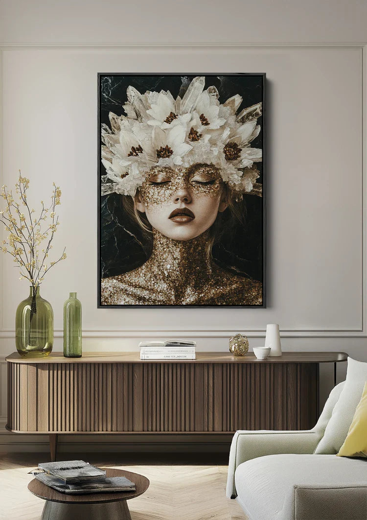 Kristallkönigin Goldmaske Weiße Blumen Porträtmalerei