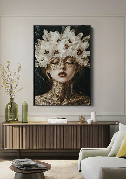 Kristallkönigin Goldmaske Weiße Blumen Porträtmalerei