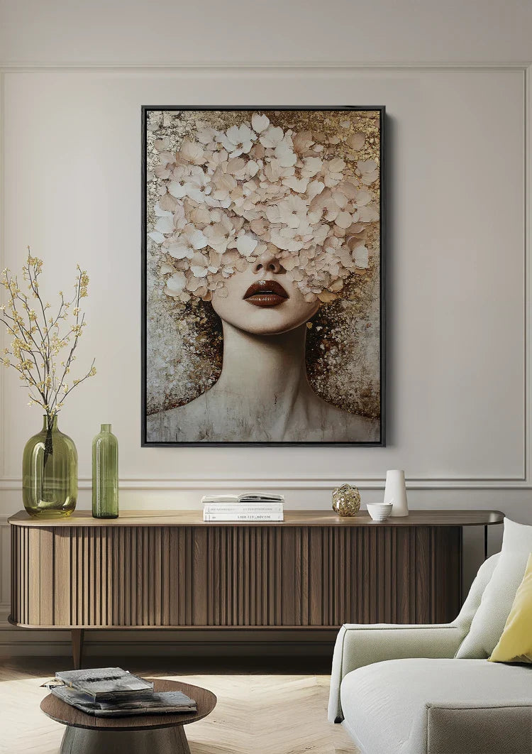 Woman with White Flowers Golden Accents Elegant Portrait Painting