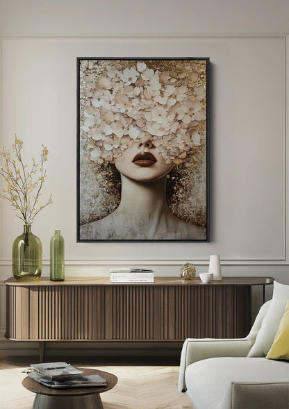 Woman with White Flowers Golden Accents Elegant Portrait Painting