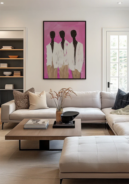 Three Abstract Silhouettes Vibrant Pink Background Modern Painting