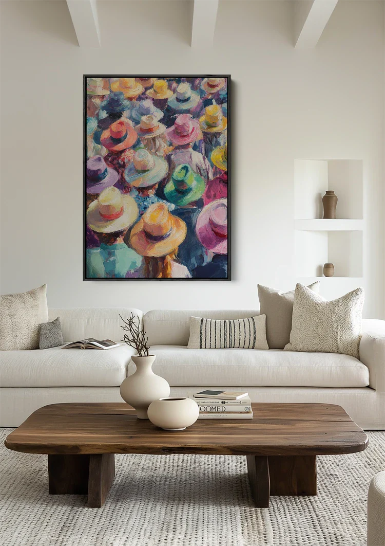 Kleurrijke Hoedenmenigte Bovenaanzicht Impressionistisch Feestelijk Schilderij