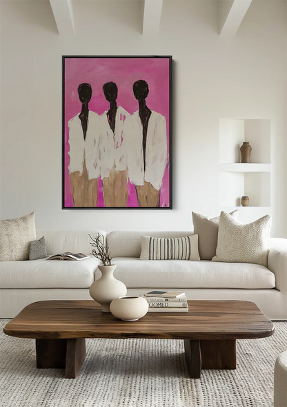 Three Abstract Silhouettes Vibrant Pink Background Modern Painting