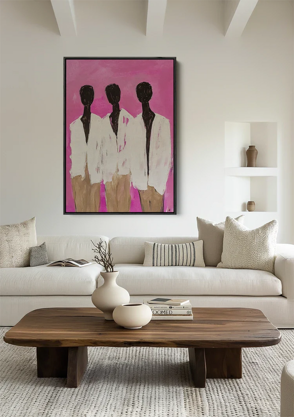 Three Abstract Silhouettes Vibrant Pink Background Modern Painting