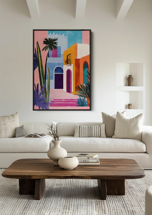 Het mediterrane straatje canvas schilderij boven het bed in de slaapkamer