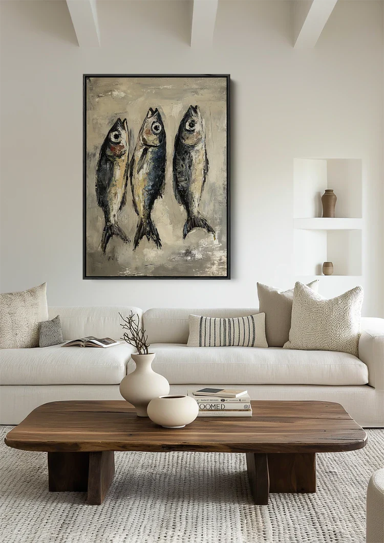Drie Vissen Klassiek Stillleven Aardtinten Abstract Schilderij