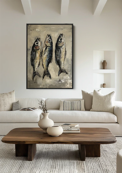 Drie Vissen Klassiek Stillleven Aardtinten Abstract Schilderij