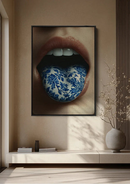 Surrealistisch Portret Lippen Delfts Blauw Porselein Tong Close Up Schilderij