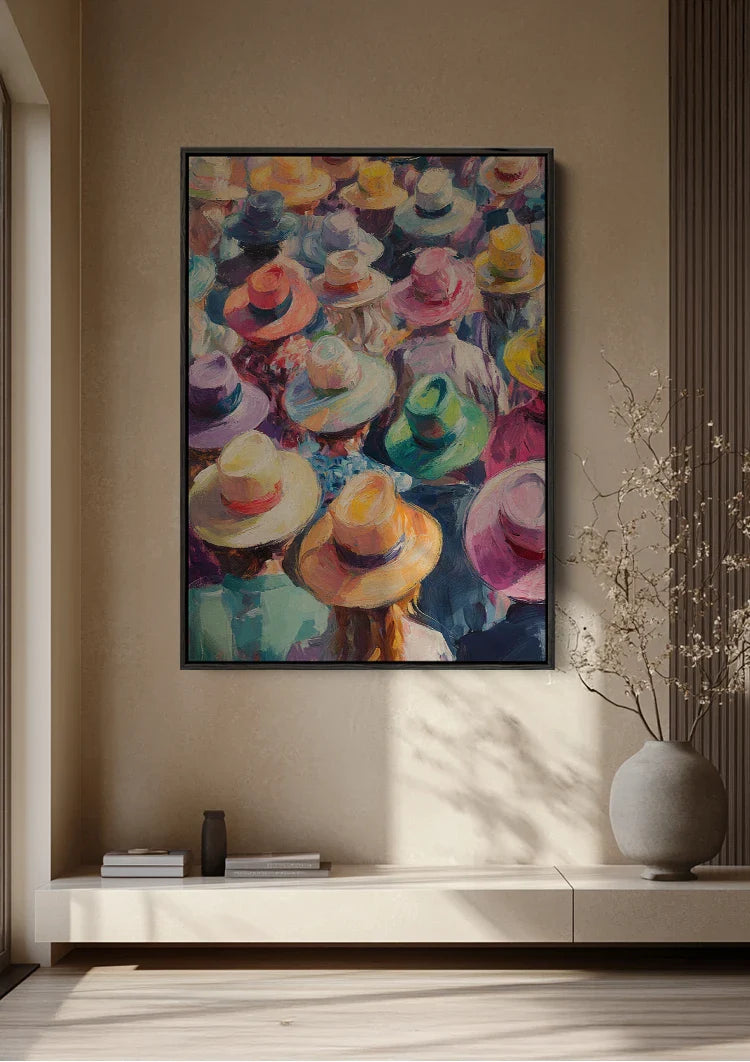 Kleurrijke Hoedenmenigte Bovenaanzicht Impressionistisch Feestelijk Schilderij