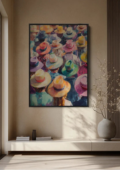 Kleurrijke Hoedenmenigte Bovenaanzicht Impressionistisch Feestelijk Schilderij