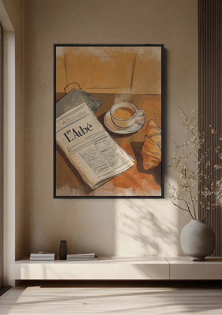 Ochtend Koffie Croissant Krant Terracotta Aquarel Gezellig Schilderij